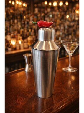 New Silver Metal Bar Cocktail Shaker Martini Shaker W/ Hot Chili Pepper On Top